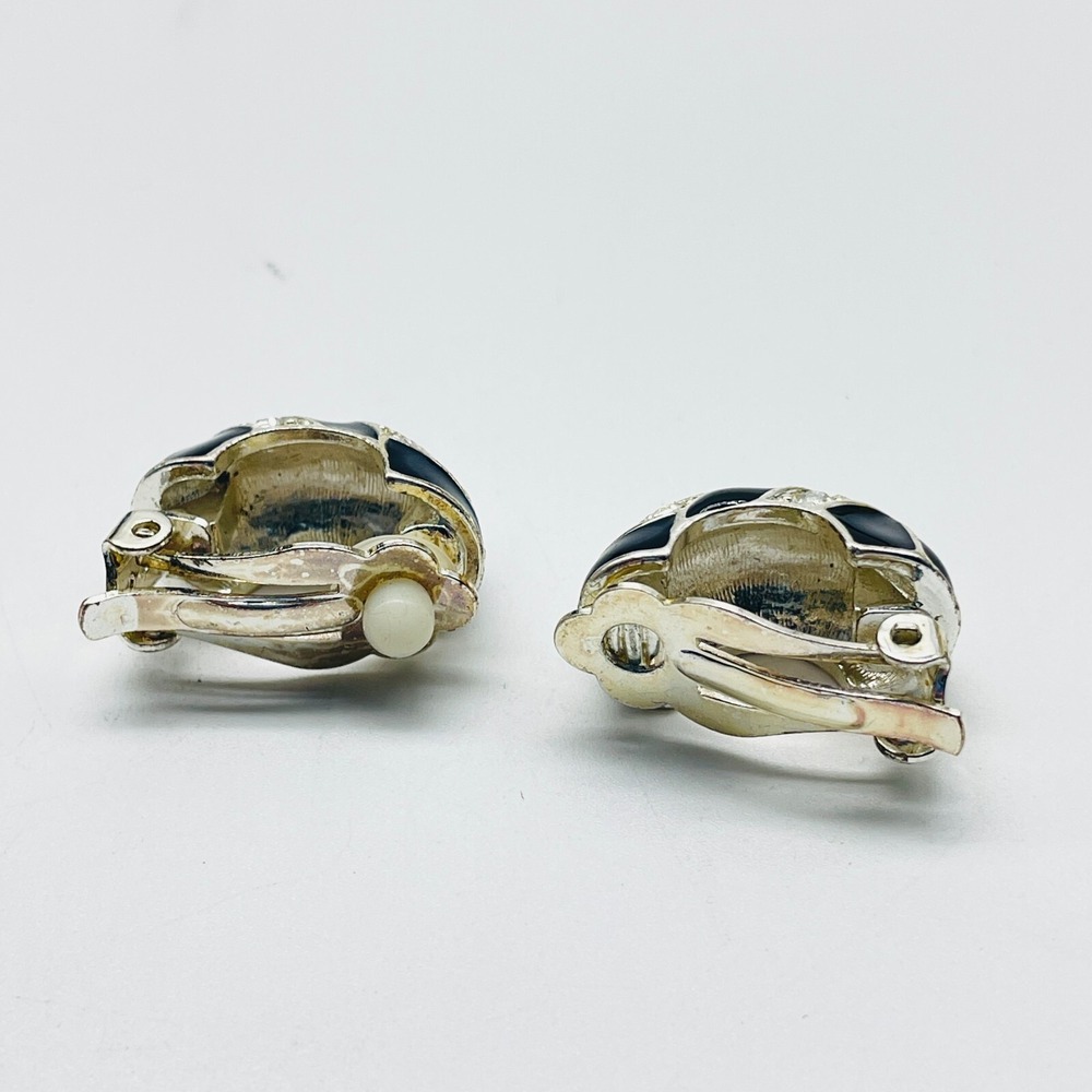 Vintage Rhinestone Clip On Earrings Black Enamel Silver Tone Statement Retro - Picture 4 of 11